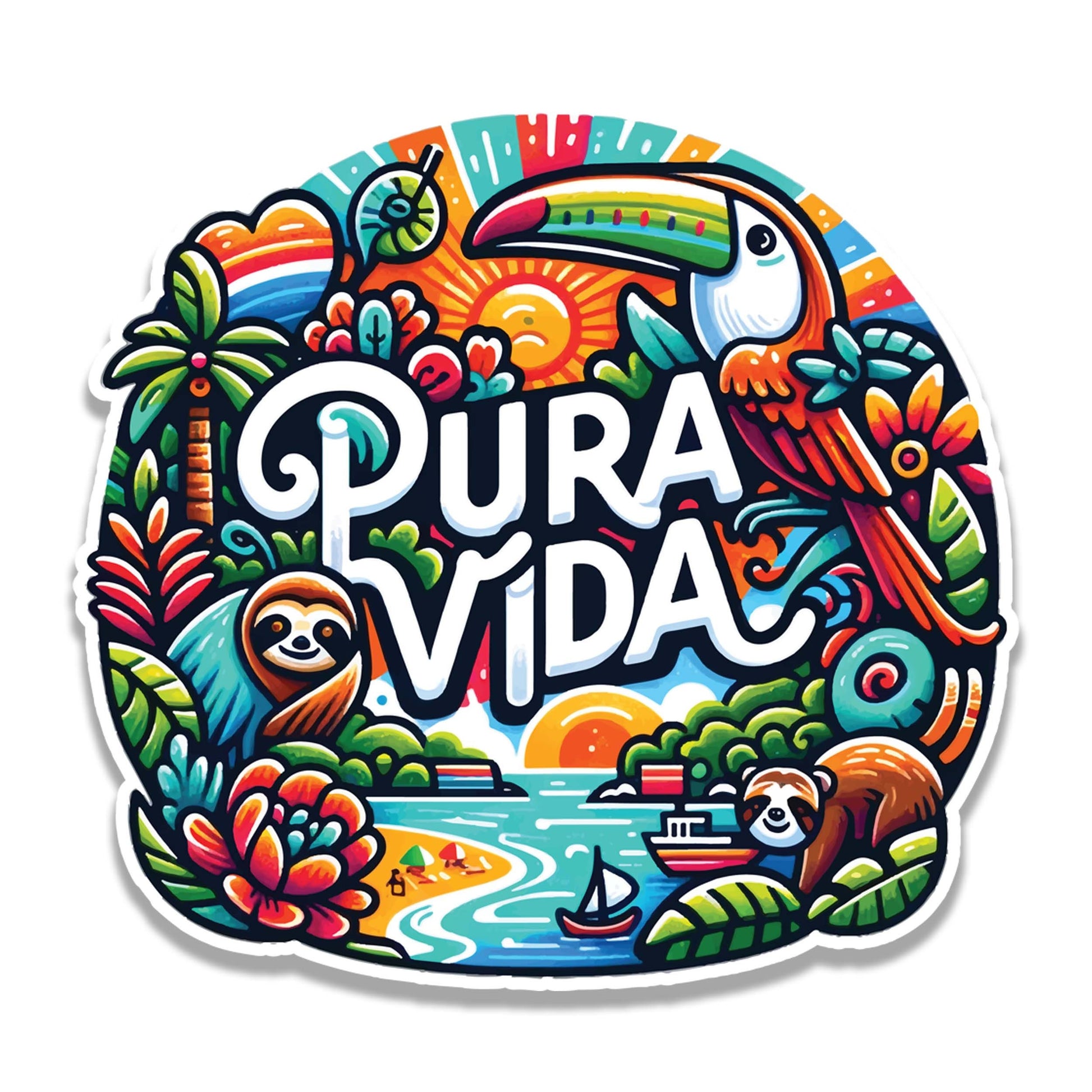 Costa Rican Pura Vida Vinyl Sticker | Vibrant Travel Decal for Laptop, Suitcase, Water Bottle, Car, Luggage Tag | Tropical Gift Idea
