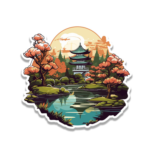 Japanese Pagoda Garden Vinyl Sticker | Serene Travel Aesthetic Decal for Laptop, Suitcase, Water Bottle, Car, Luggage Tag, Nature Gift