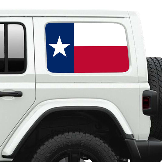 Texas Lone Star State Flag Side Windows Printed Perforated See-Thru Vinyl Decal - Fits 2&4 Door Jeep Wranglers 2007 - Present.