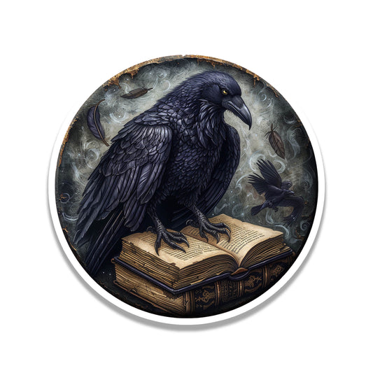 Huginn's Black Raven Tome Spell Book Vinyl Sticker for suitcase, laptop, car or water bottle, luggage tag, travel gift