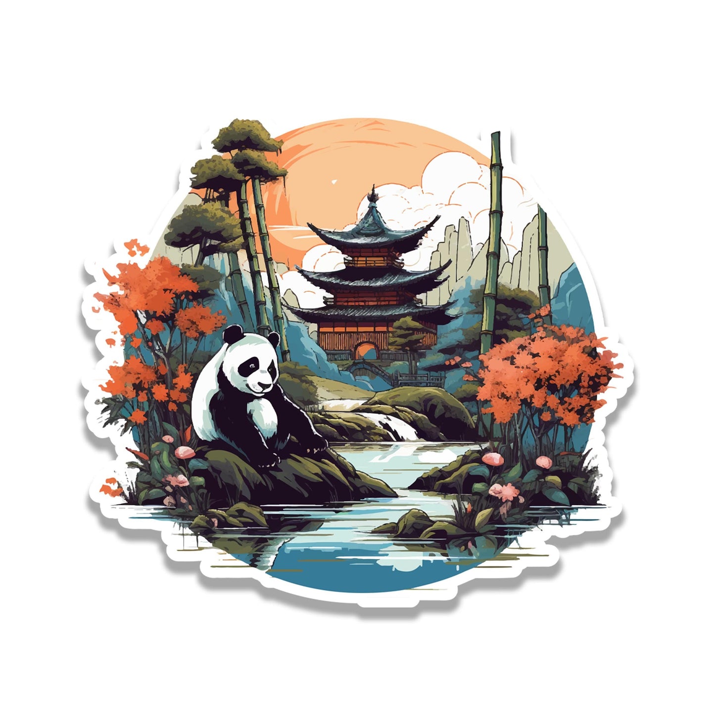 Japanese Panda Garden Vinyl Sticker | Cute Travel Aesthetic Decal for Laptop, Suitcase, Water Bottle, Car, Luggage Tag, Nature Gift