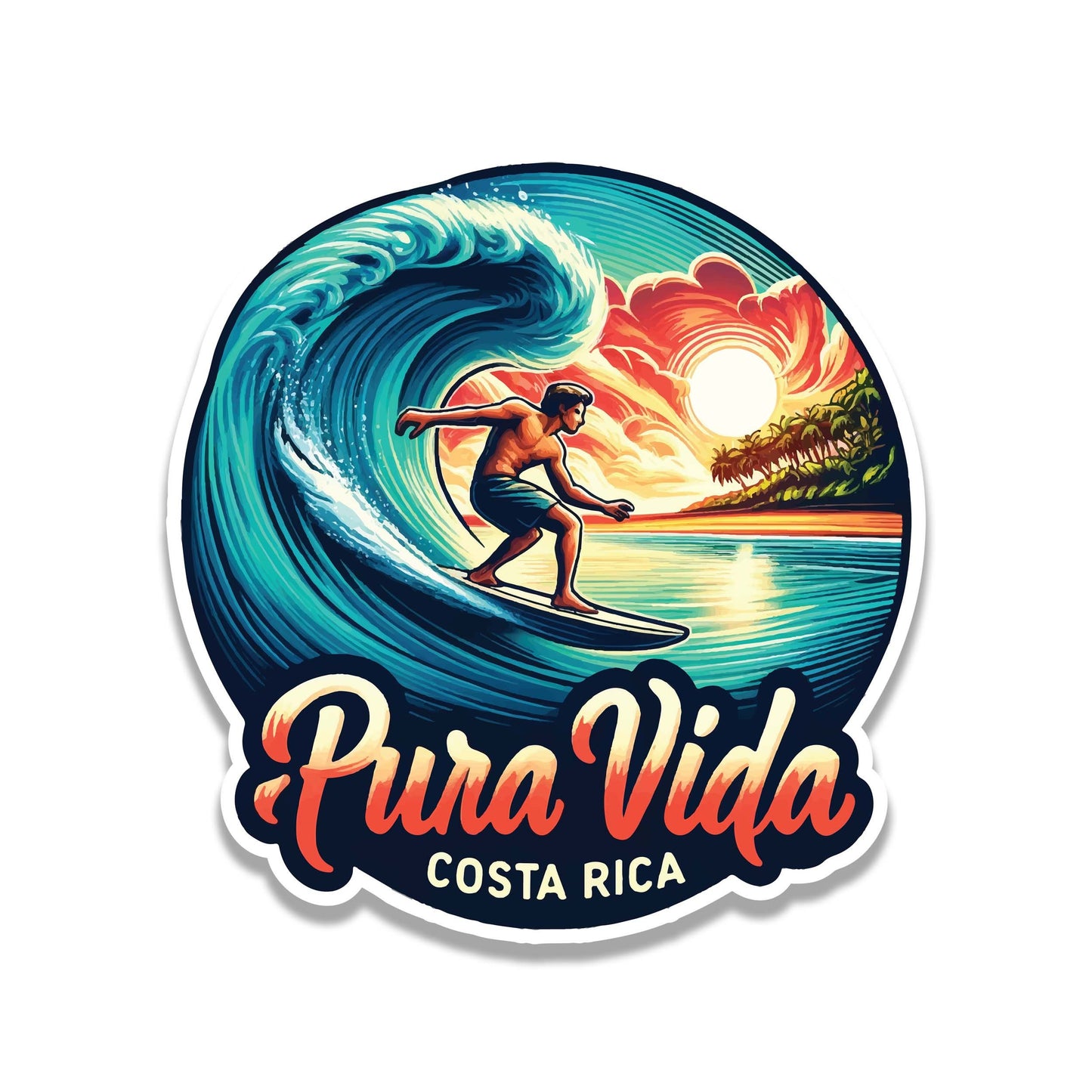 Pura Vida Costa Rica Surfing Vinyl Sticker for suitcase, laptop, car or water bottle, luggage tag, travel gift