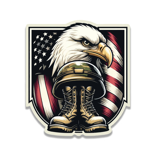 Military Eagle Vinyl Sticker – Patriotic Old Glory Guardian Design for Laptop, Car, Water Bottle, or Travel Gear