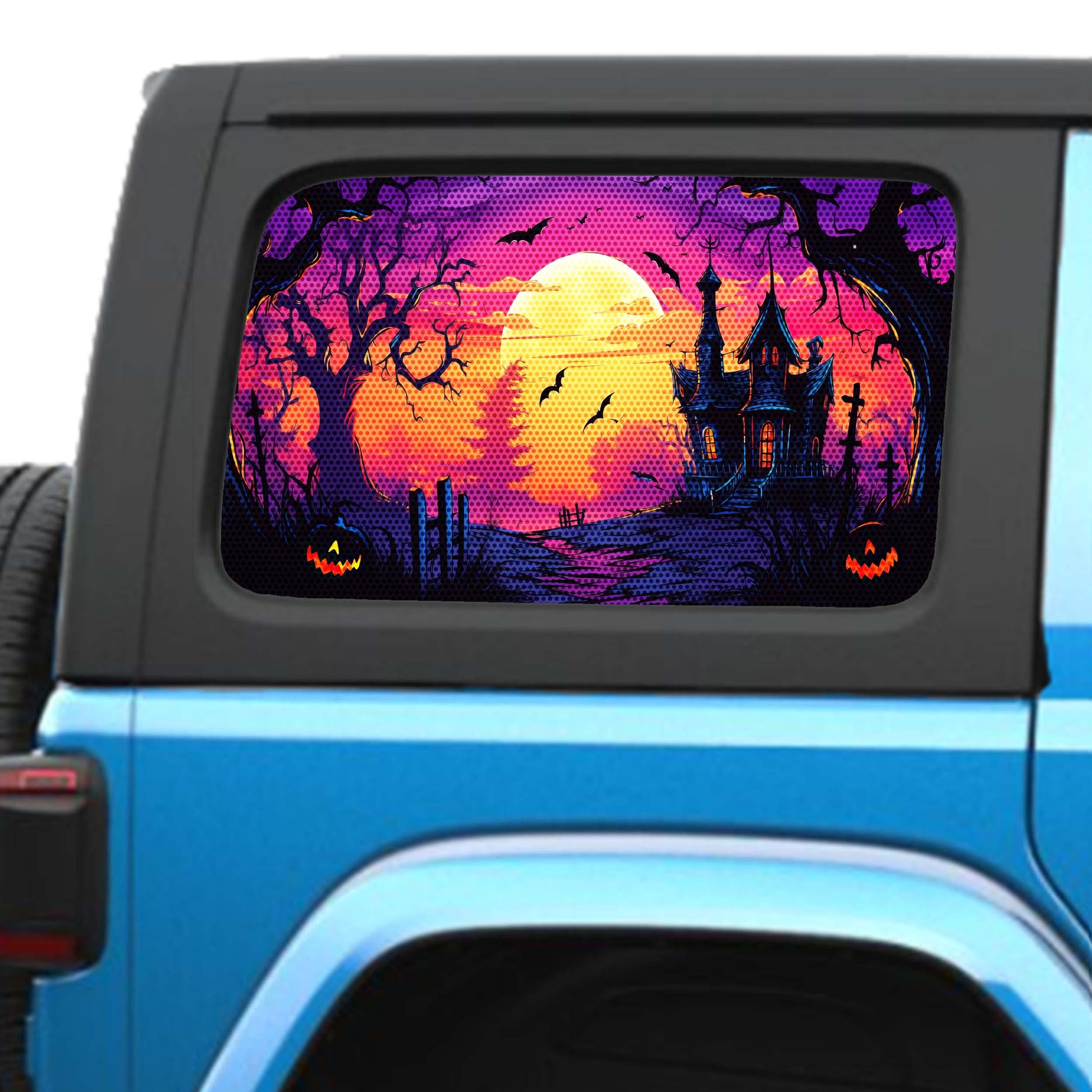 Halloween Haunted House Side Windows Printed Perforated See-Thru Vinyl Decal - Fits 2&4 Door Jeep Wranglers 2007 - Present.