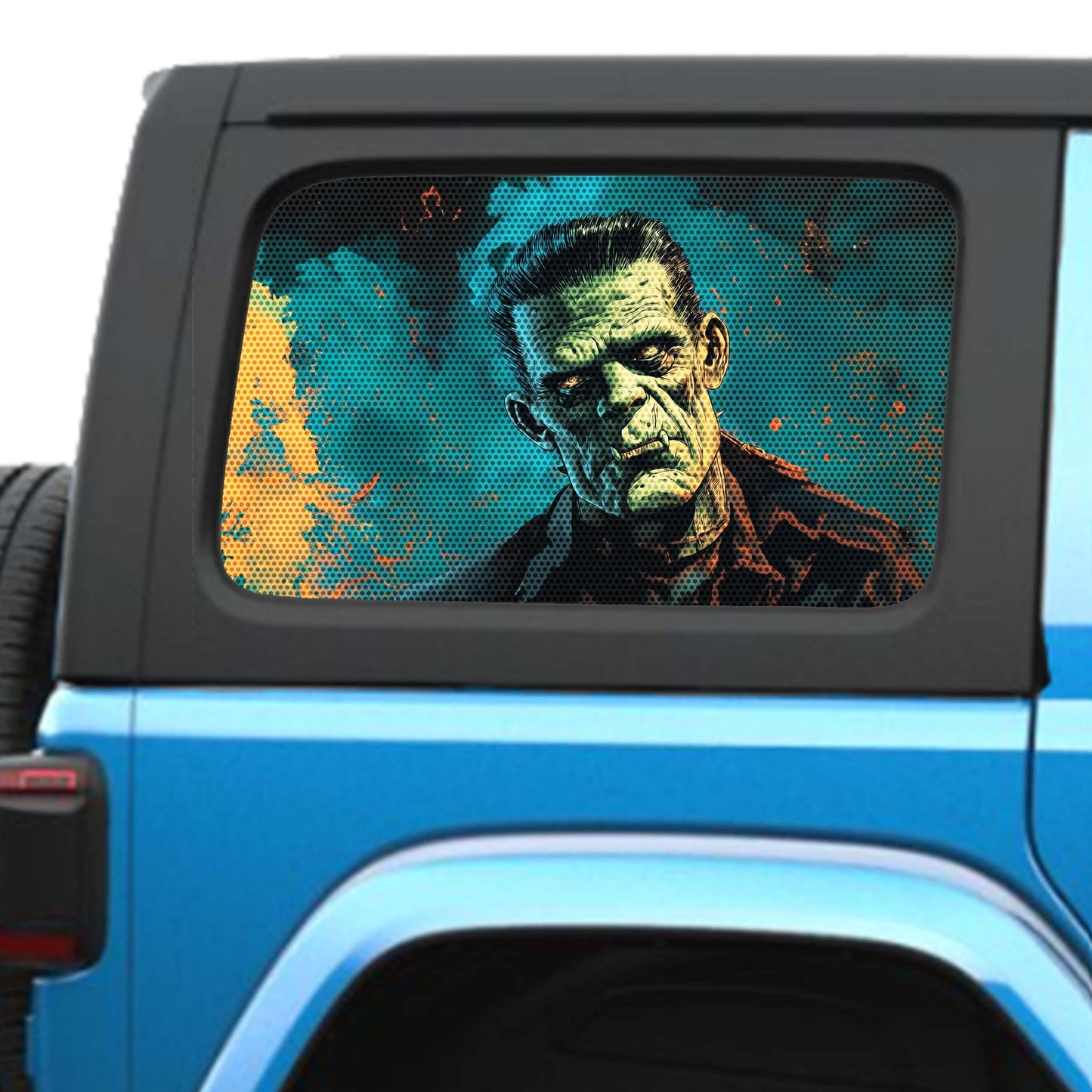 Frankenstein's Monster Side Windows Printed Perforated See-Thru Vinyl Decal - Fits 2&4 Door Jeep Wranglers 2007 - Present