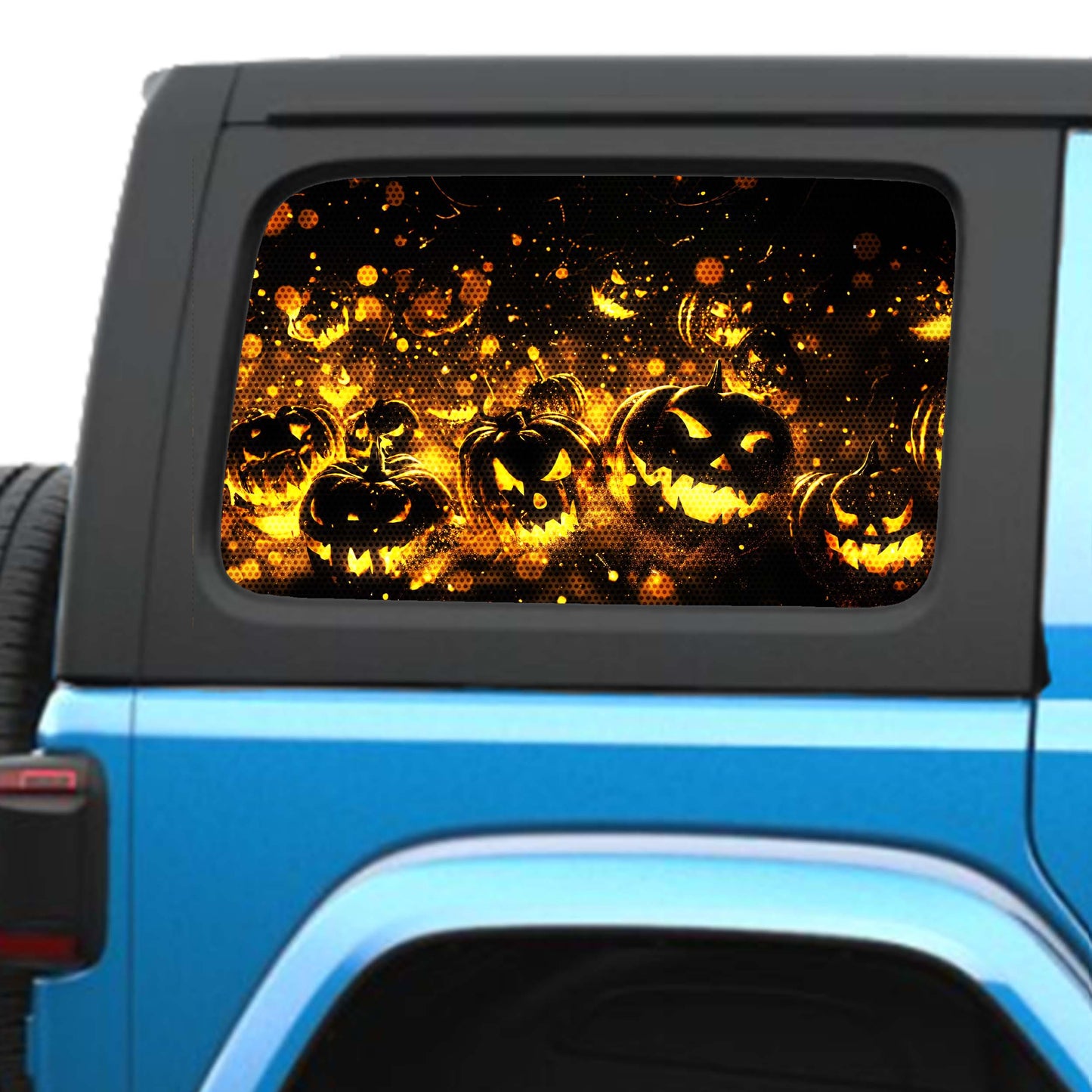 Halloween Flaming Pumpkins Side Windows Printed Perforated See-Thru Vinyl Decal - Fits 2&4 Door Jeep Wranglers 2007 - Present