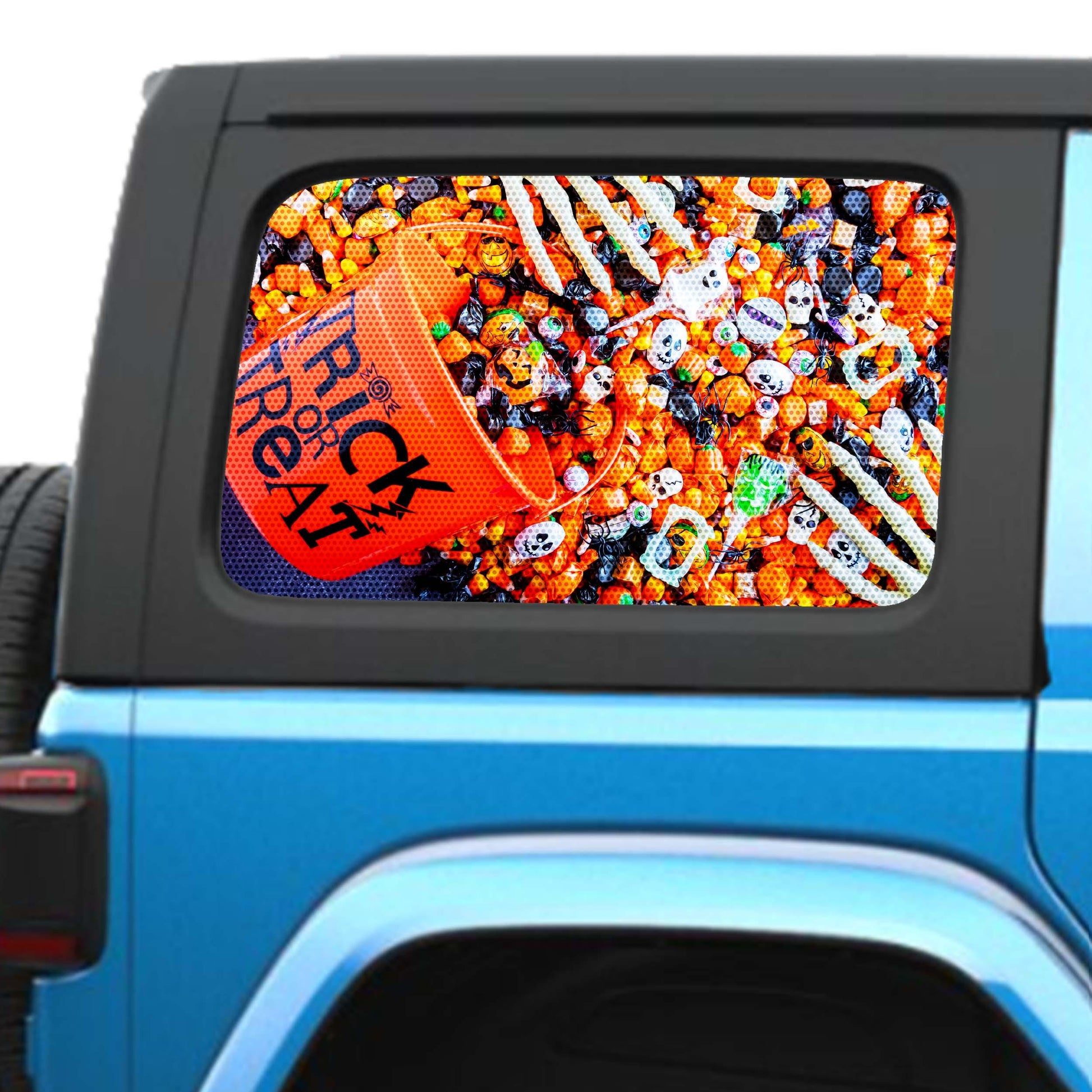 Trick or Treat Side Windows Printed Perforated See-Thru Vinyl Decal - Fits 2&4 Door Jeep Wranglers 2007 - Present