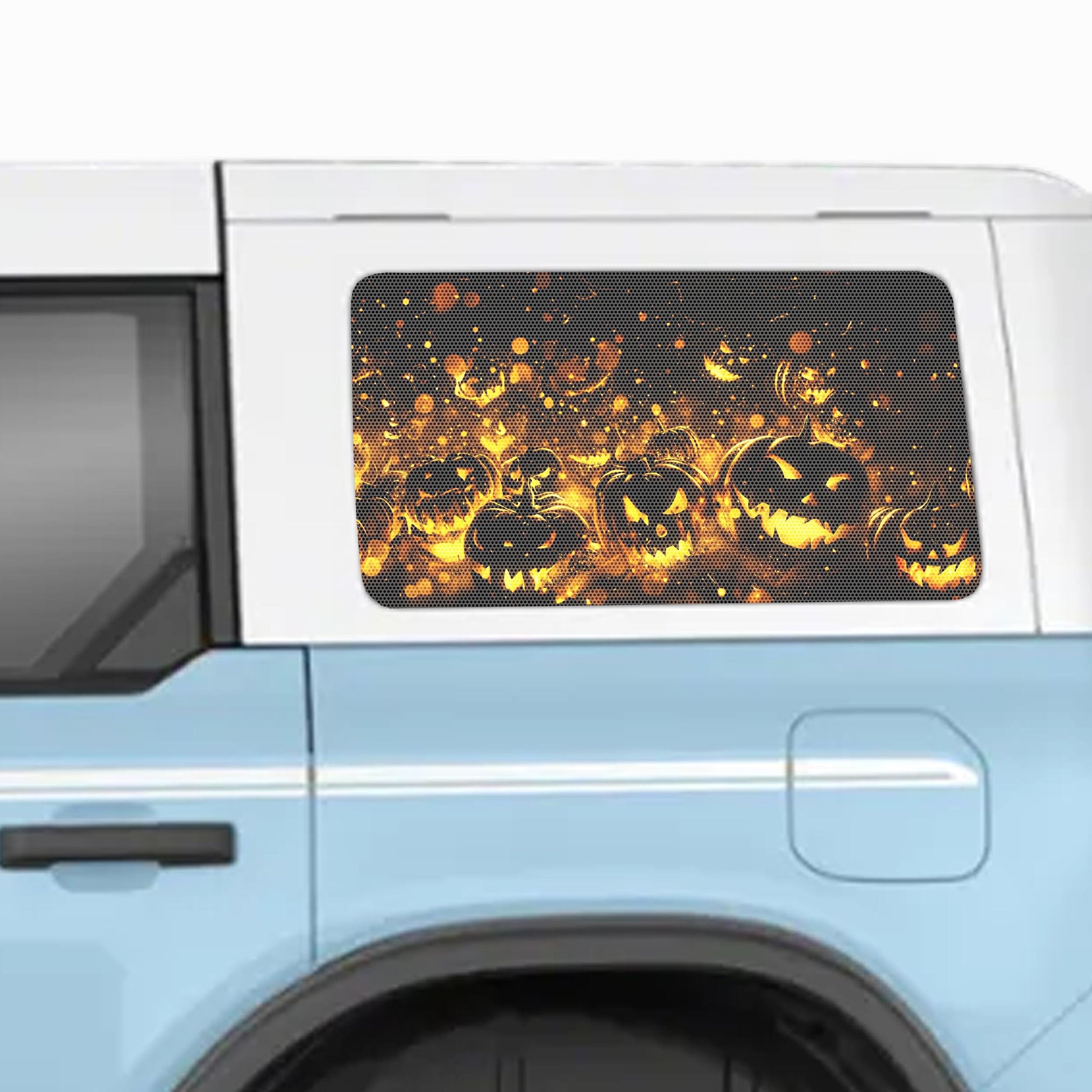 Halloween Flaming Pumpkins Perforated Rear Quarter Window Decals - Fits 2021+ 4 Door Ford Bronco