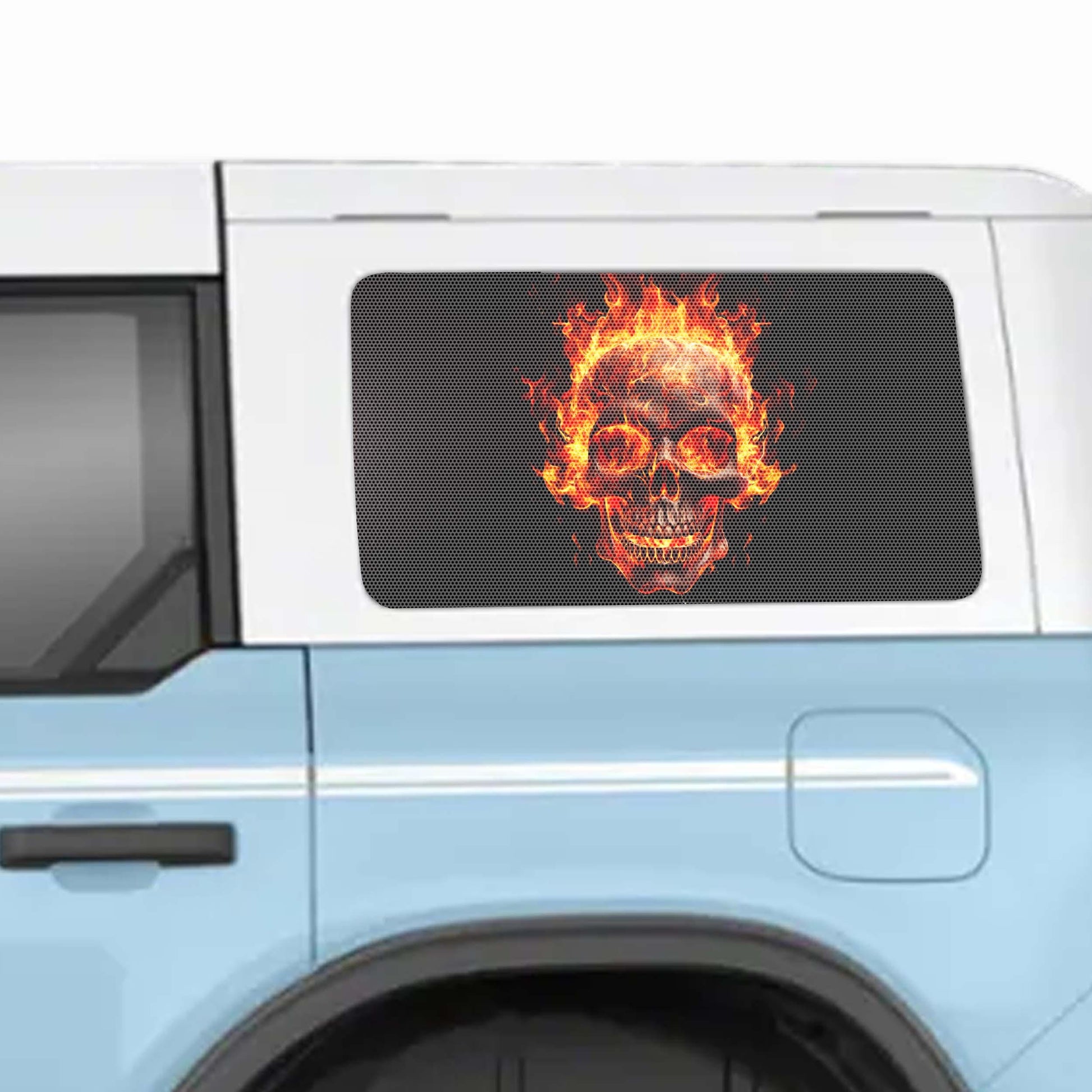 Flaming Skull Patch See-Thru Rear Quarter Window Perforated Decals for 2021+ 4 Door Bronco Hardtops