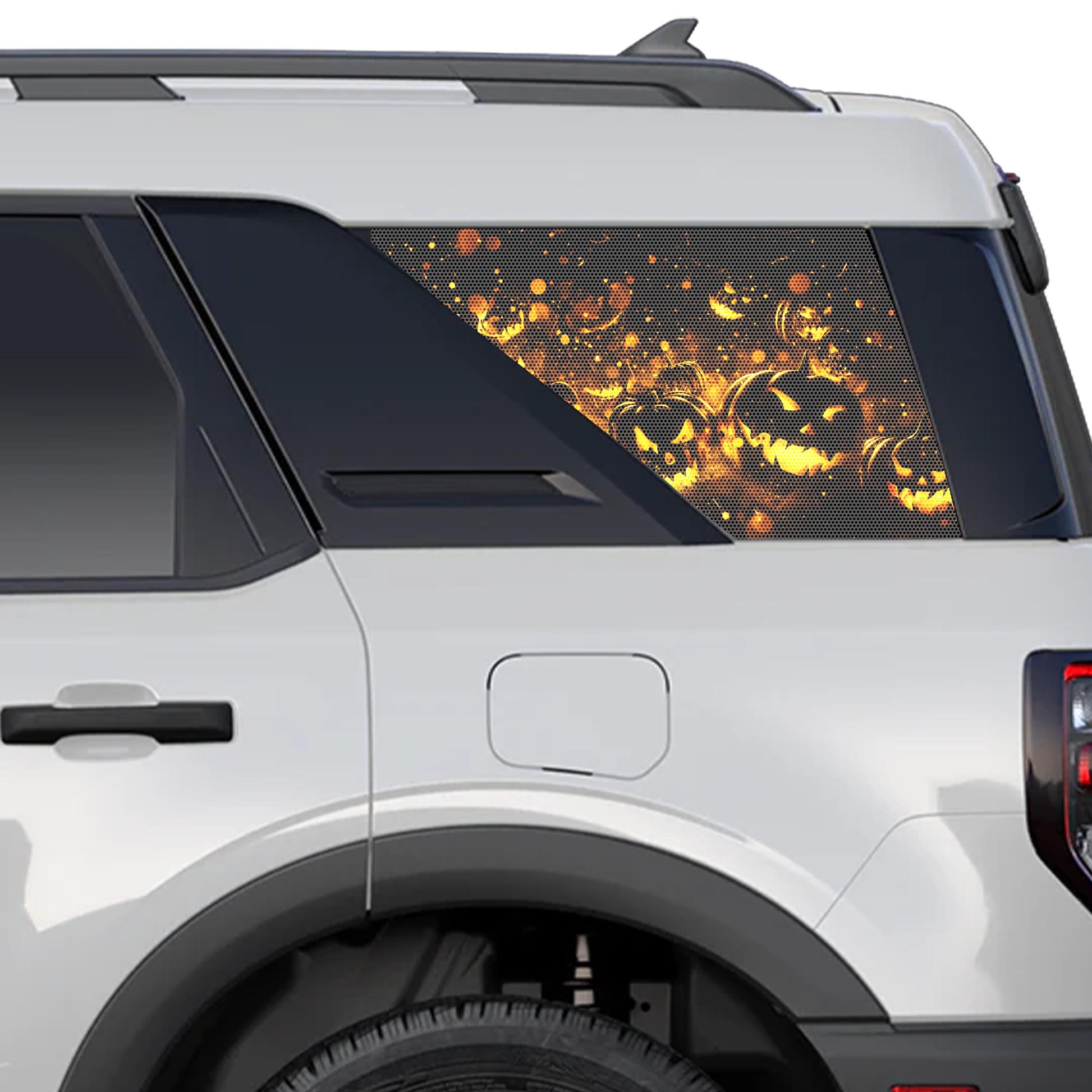 Halloween Flaming Pumpkins Rear Side Perforated Vinyl See Thru Window Decals for 2021+ Ford Bronco Sport