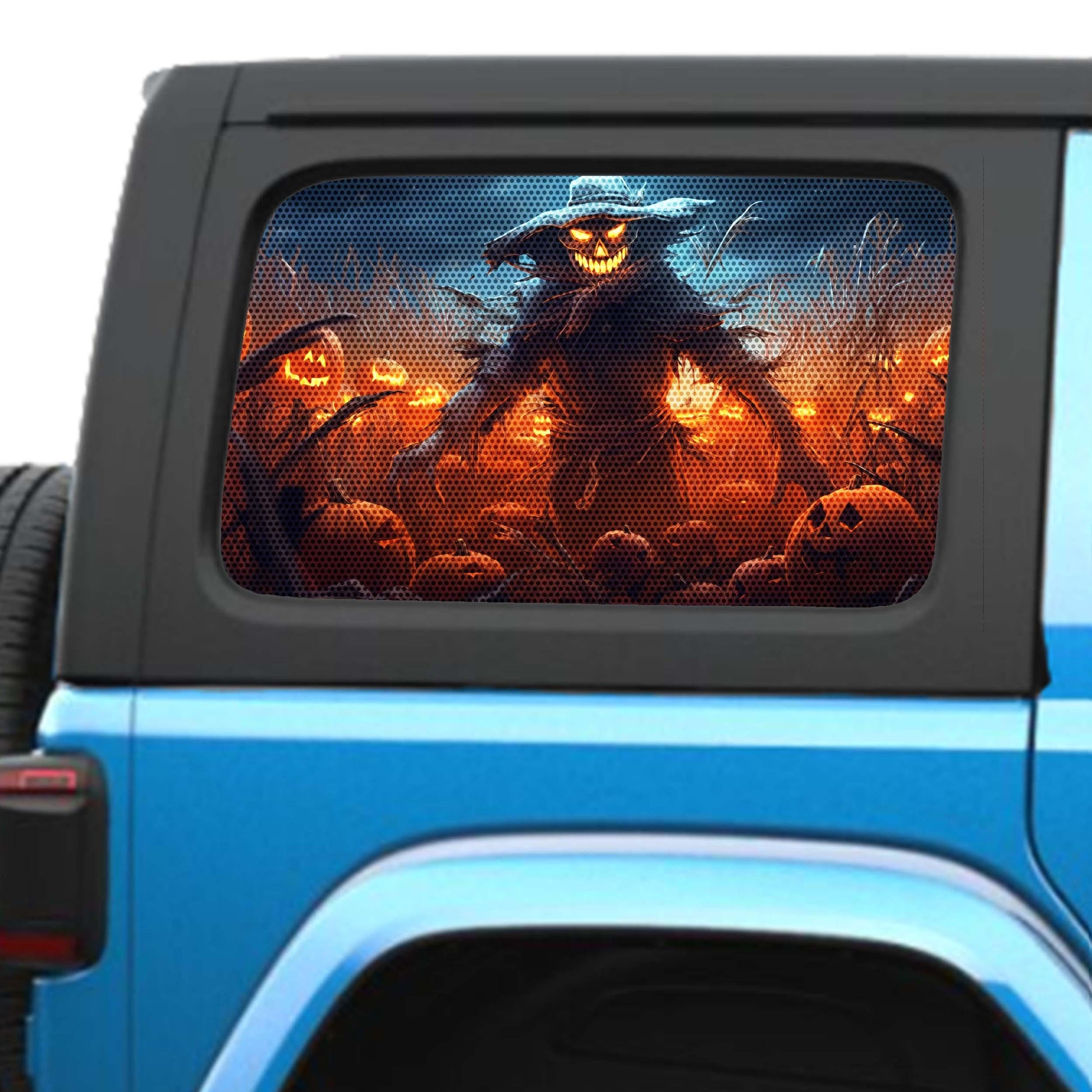 Halloween Spooky Scarecrow Side Windows Printed Perforated See-Thru Vinyl Decal - Fits 2&4 Door Jeep Wranglers 2007 - Present.