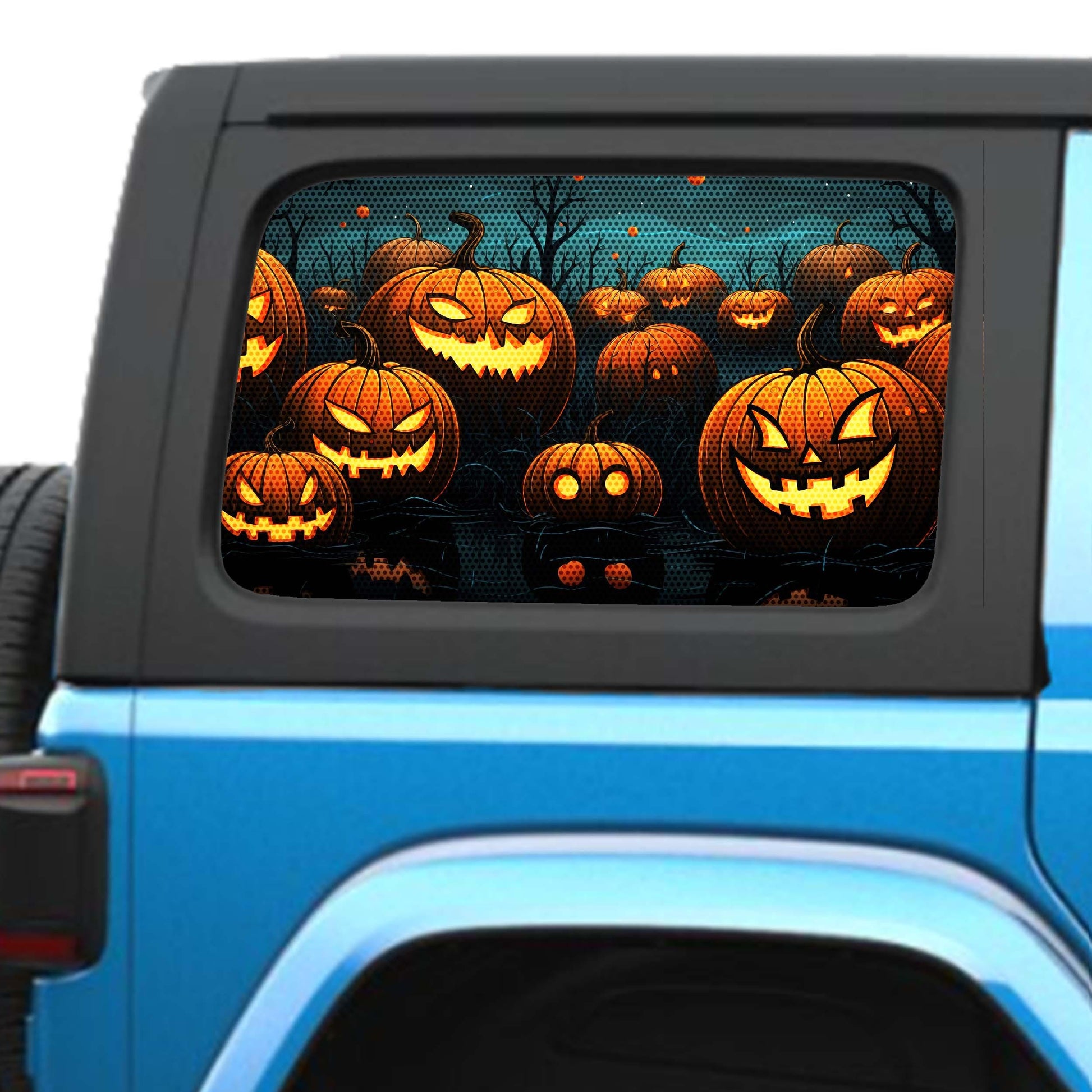 Halloween Pumpkin Patch Side Windows Printed Perforated See-Thru Vinyl Decal - Fits 2&4 Door Jeep Wranglers 2007 - Present