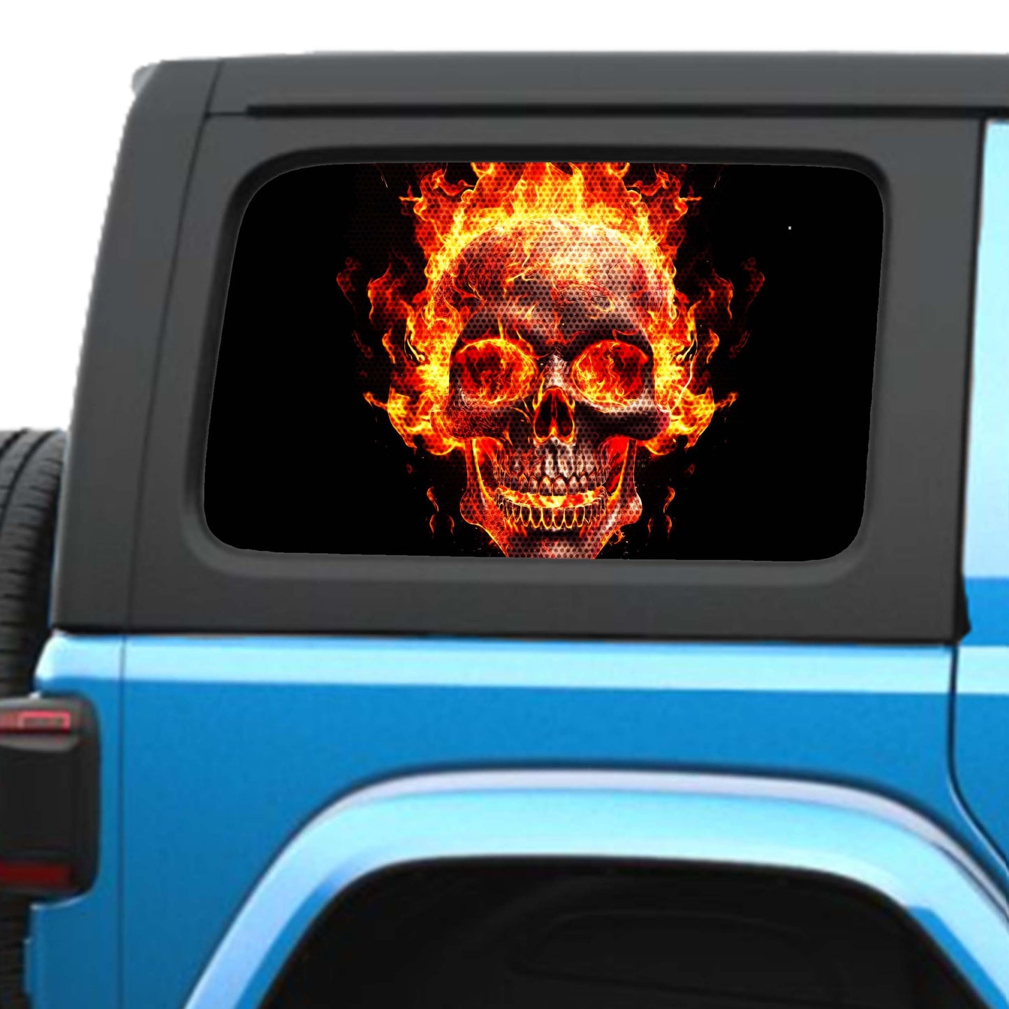 Halloween Flaming Skull Side Windows Printed Perforated See-Thru Vinyl Decal - Fits 2&4 Door Jeep Wranglers 2007 - Present