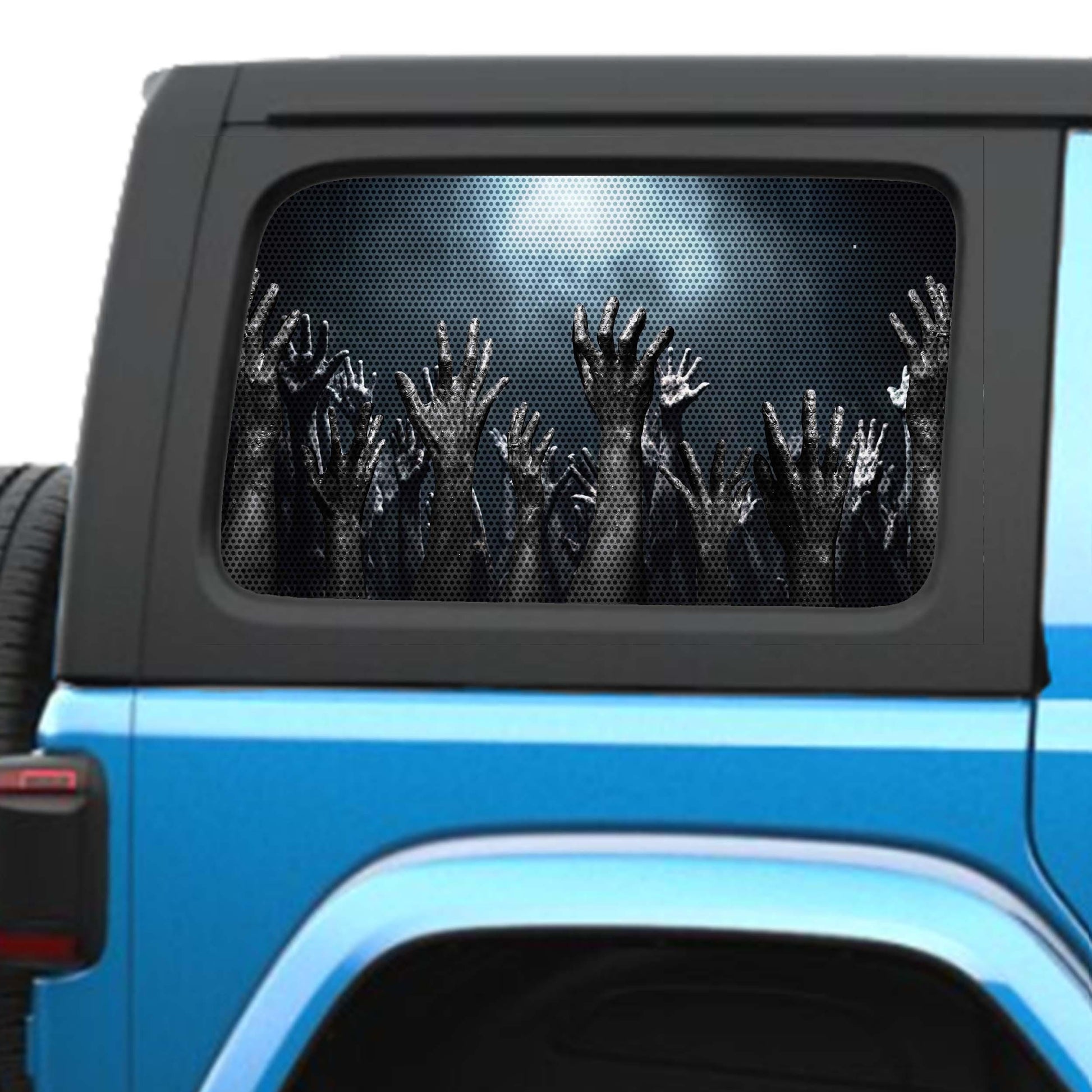 Rise Up Zombie Hand Side Windows Printed Perforated See-Thru Vinyl Decal - Fits 2&4 Door Jeep Wranglers 2007 - Present