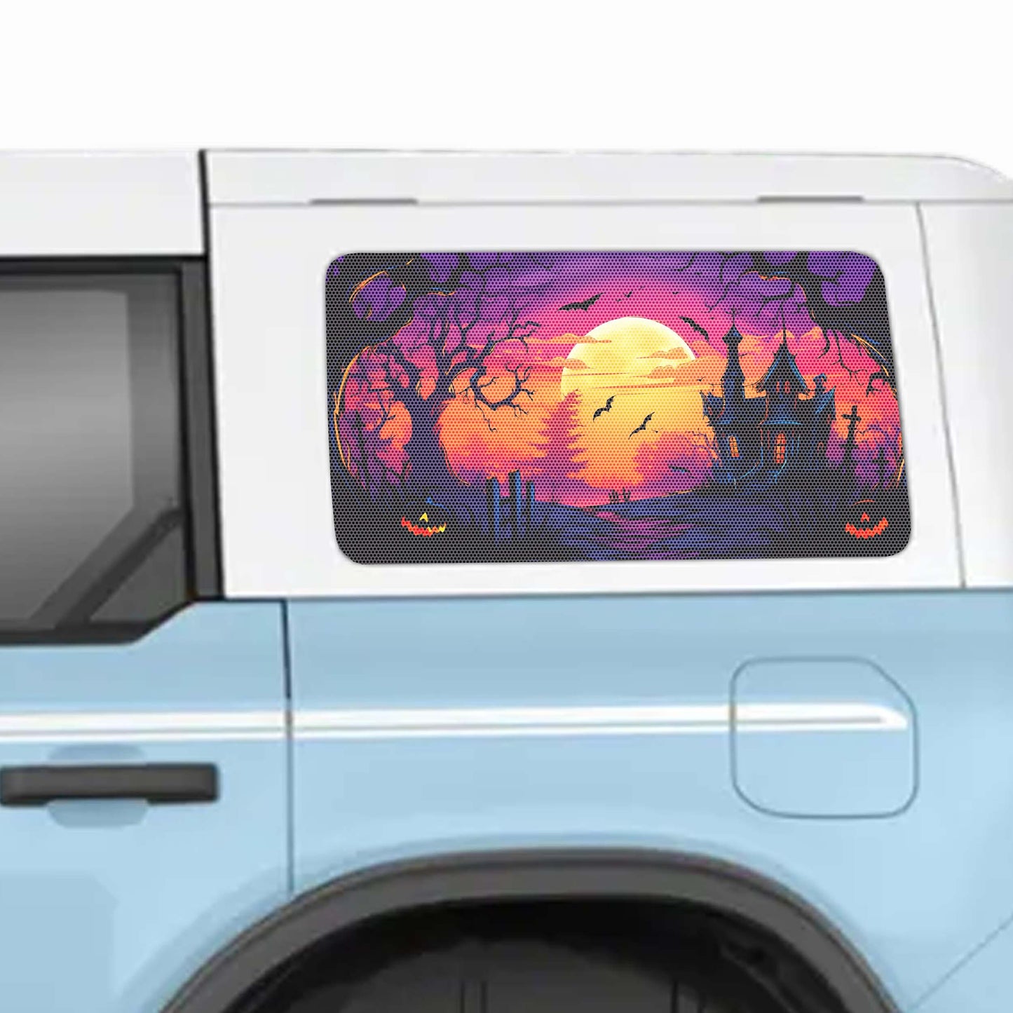 Haunted House See-Thru Rear Quarter Window Perforated Decals for 2021+ 4 Door Bronco Hardtops