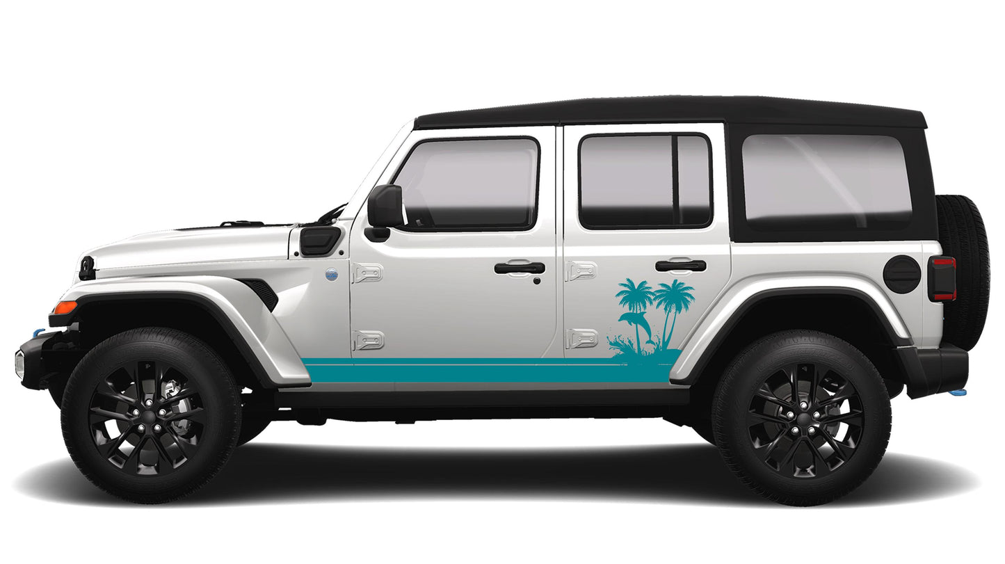 Ocean Dolphin Wave and Palm Tree JLU Lower Rocker Vinyl Transfer Side Graphics Decal Fits Jeep Wrangler JLU 4 Door 2018 and Newer Model