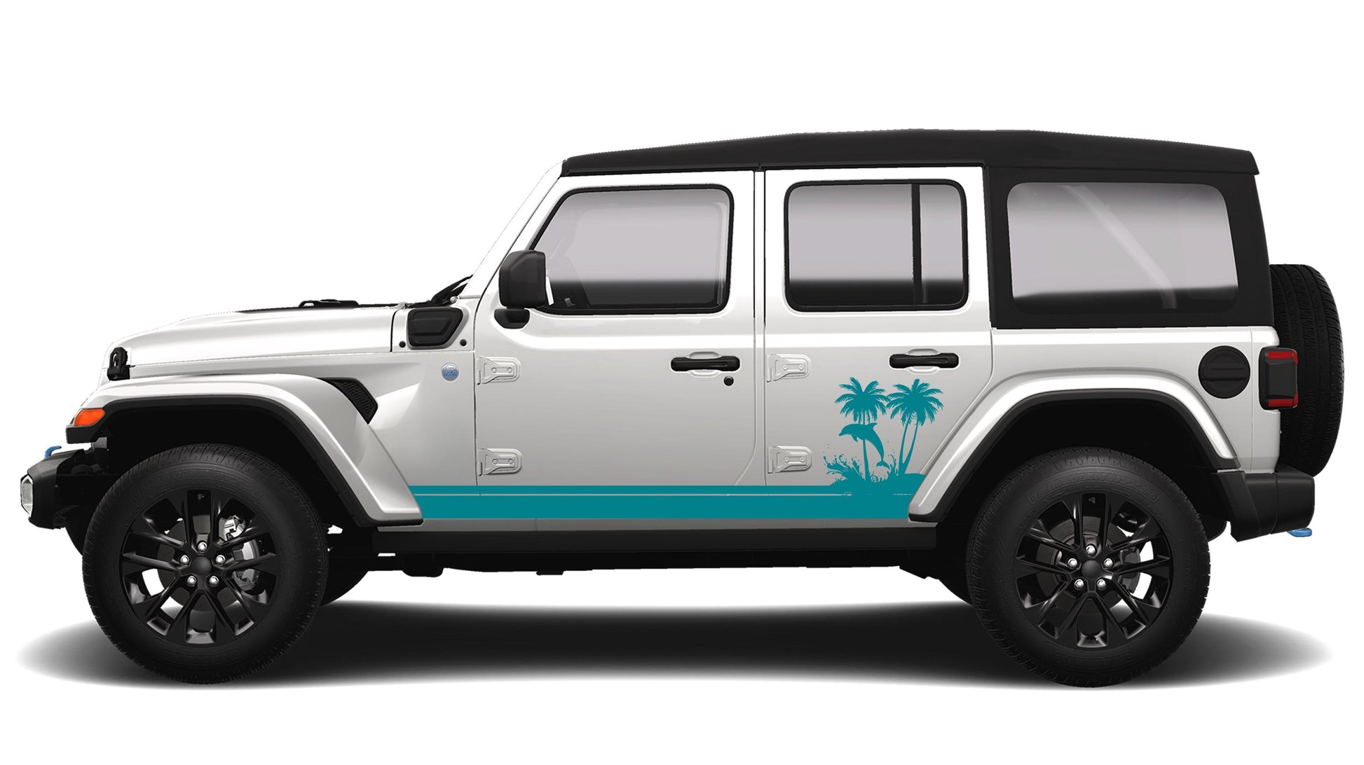 Ocean Dolphin Wave and Palm Tree JLU Lower Rocker Vinyl Transfer Side Graphics Decal Fits Jeep Wrangler JLU 4 Door 2018 and Newer Model