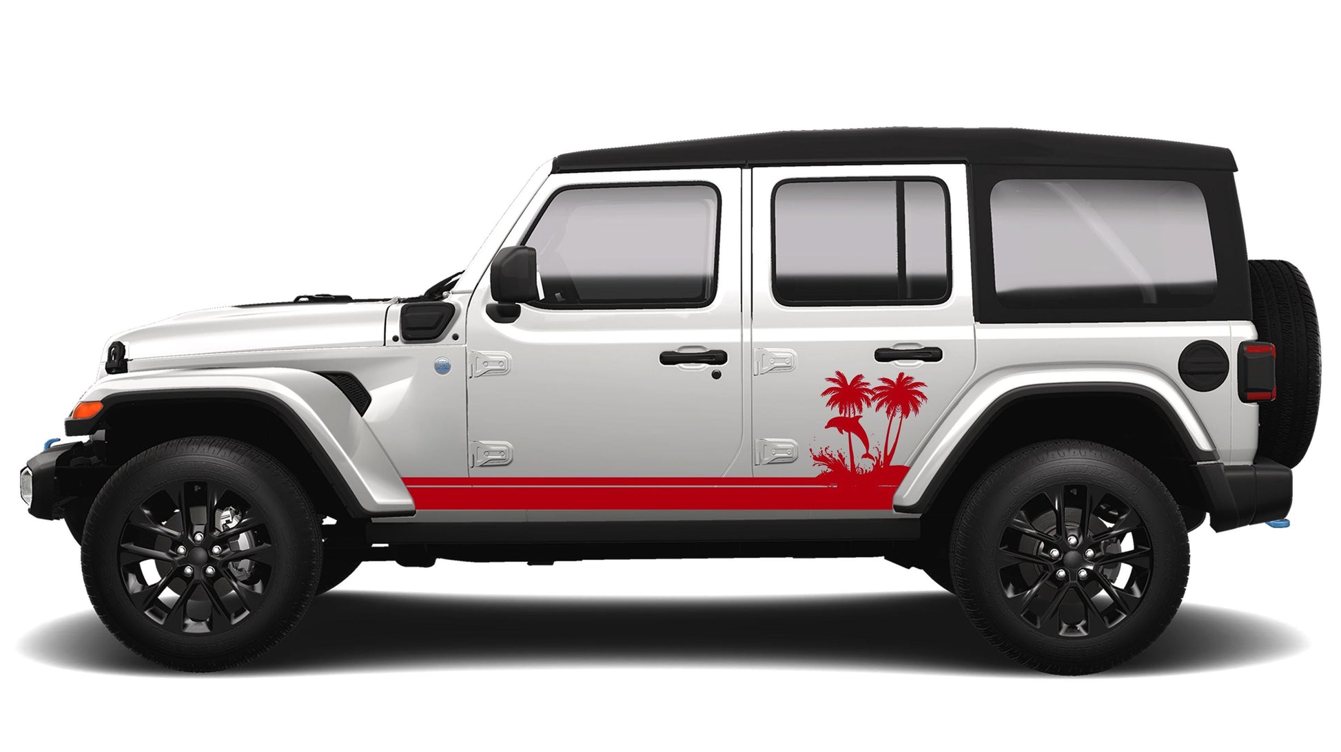 Ocean Dolphin Wave and Palm Tree JLU Lower Rocker Vinyl Transfer Side Graphics Decal Fits Jeep Wrangler JLU 4 Door 2018 and Newer Model