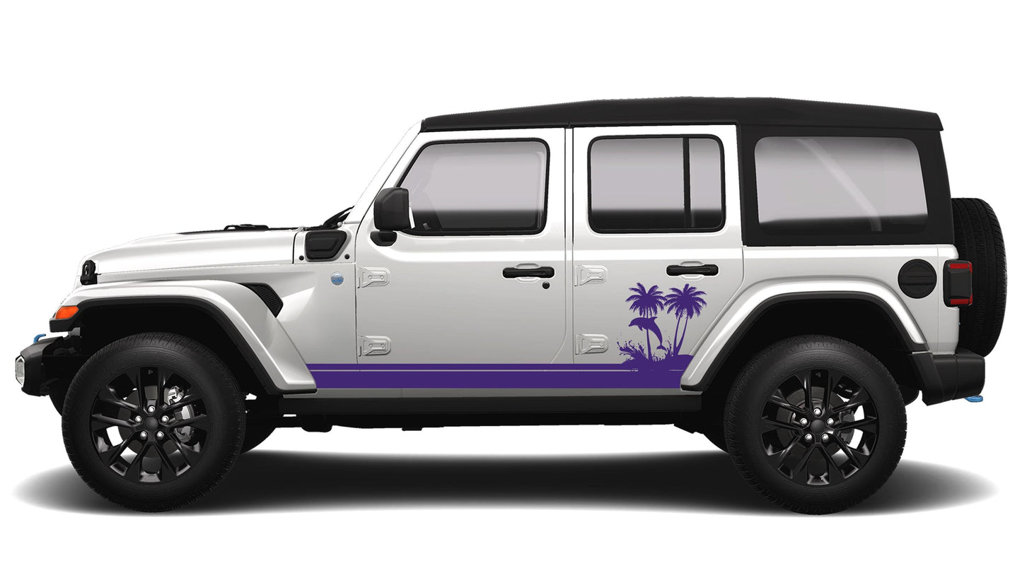 Ocean Dolphin Wave and Palm Tree JLU Lower Rocker Vinyl Transfer Side Graphics Decal Fits Jeep Wrangler JLU 4 Door 2018 and Newer Model