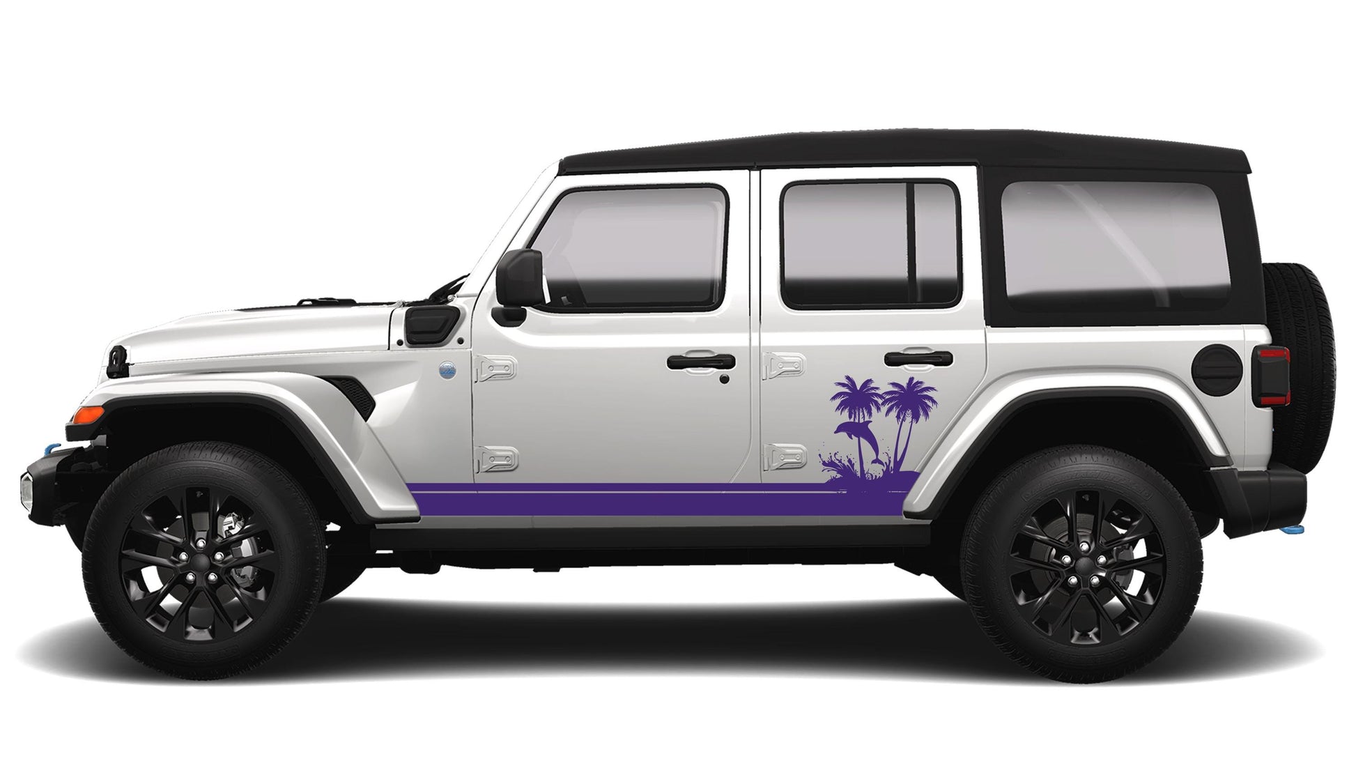 Ocean Dolphin Wave and Palm Tree JLU Lower Rocker Vinyl Transfer Side Graphics Decal Fits Jeep Wrangler JLU 4 Door 2018 and Newer Model