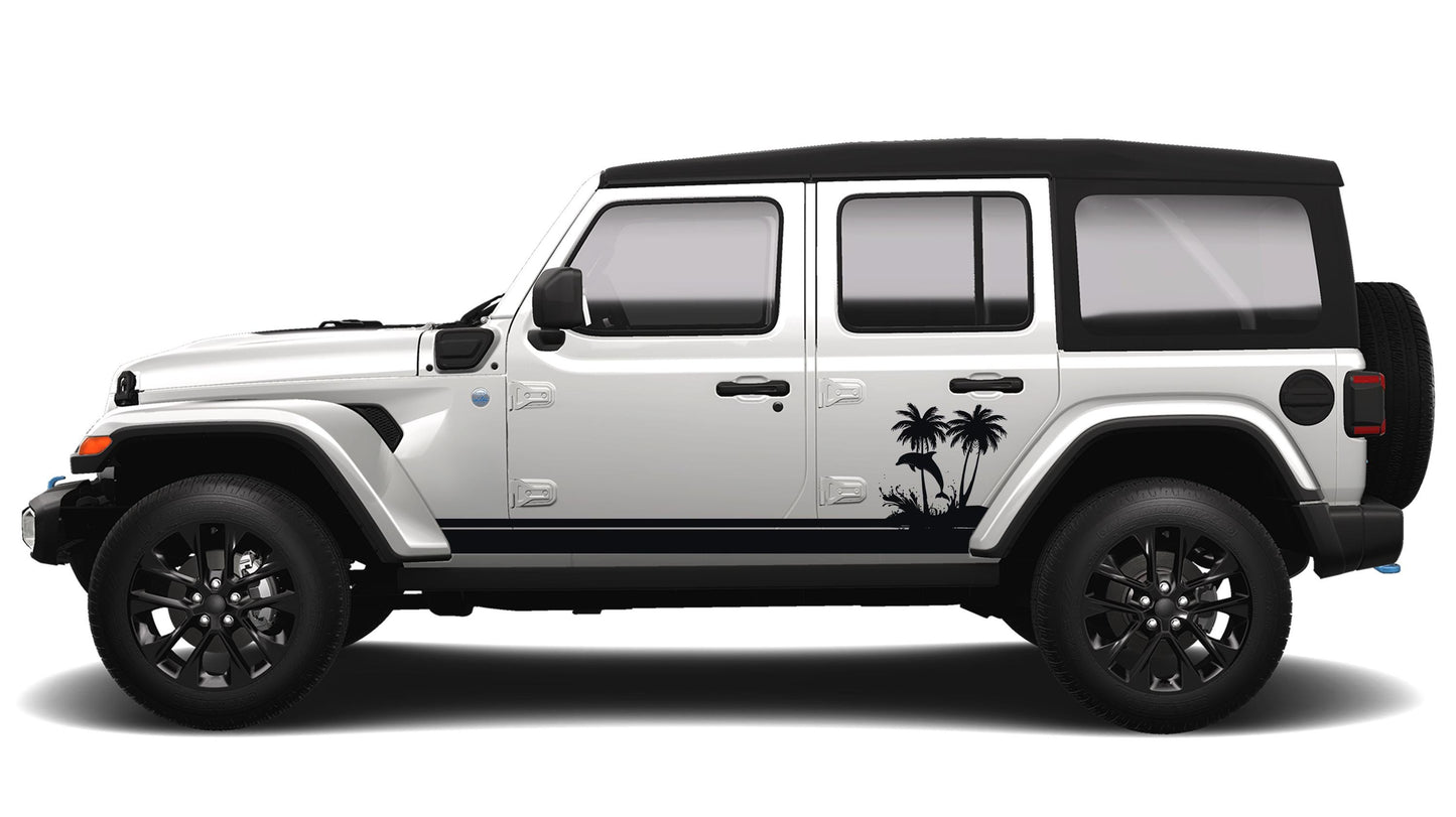 Ocean Dolphin Wave and Palm Tree JLU Lower Rocker Vinyl Transfer Side Graphics Decal Fits Jeep Wrangler JLU 4 Door 2018 and Newer Model