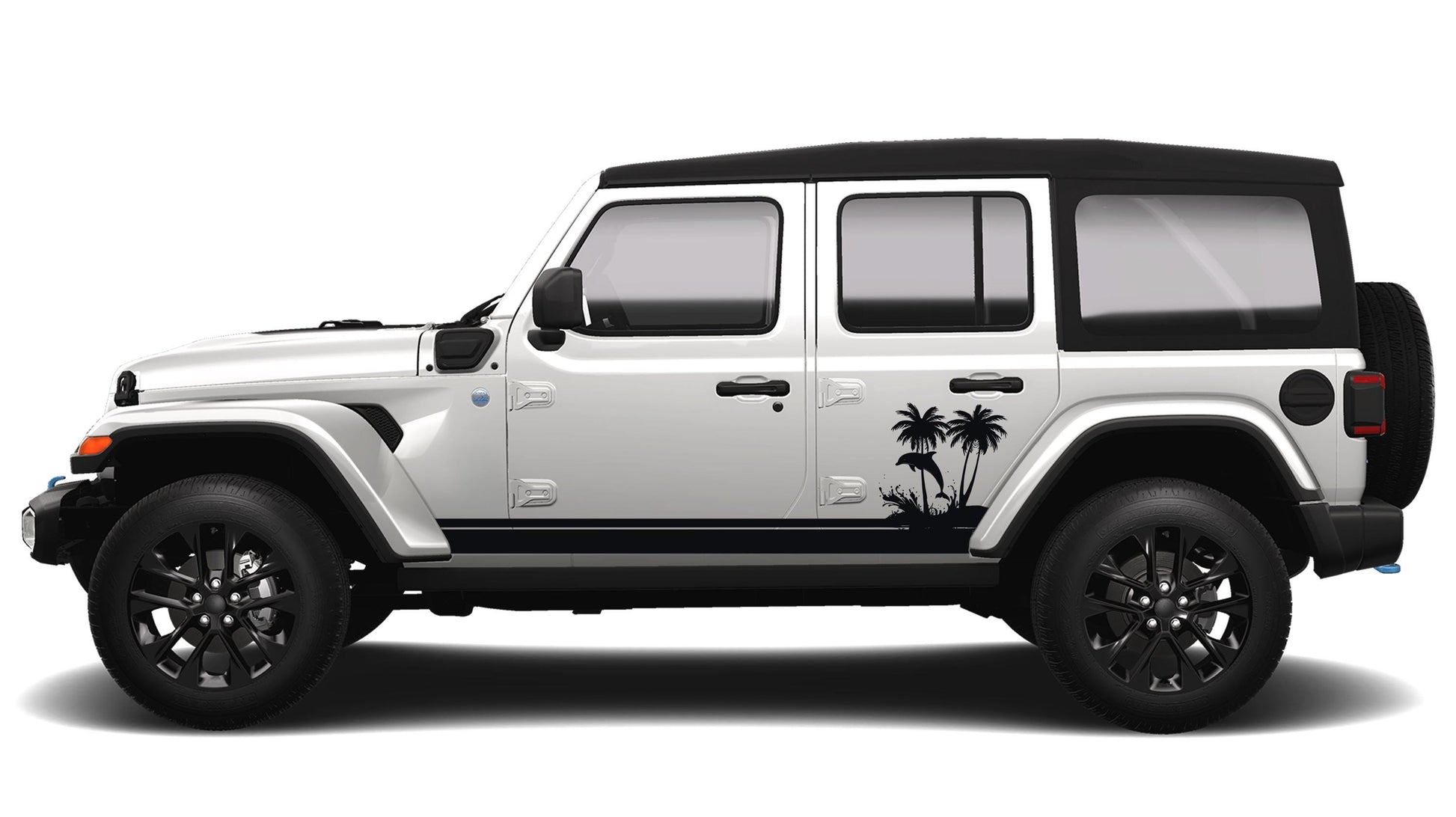 Ocean Dolphin Wave and Palm Tree JLU Lower Rocker Vinyl Transfer Side Graphics Decal Fits Jeep Wrangler JLU 4 Door 2018 and Newer Model