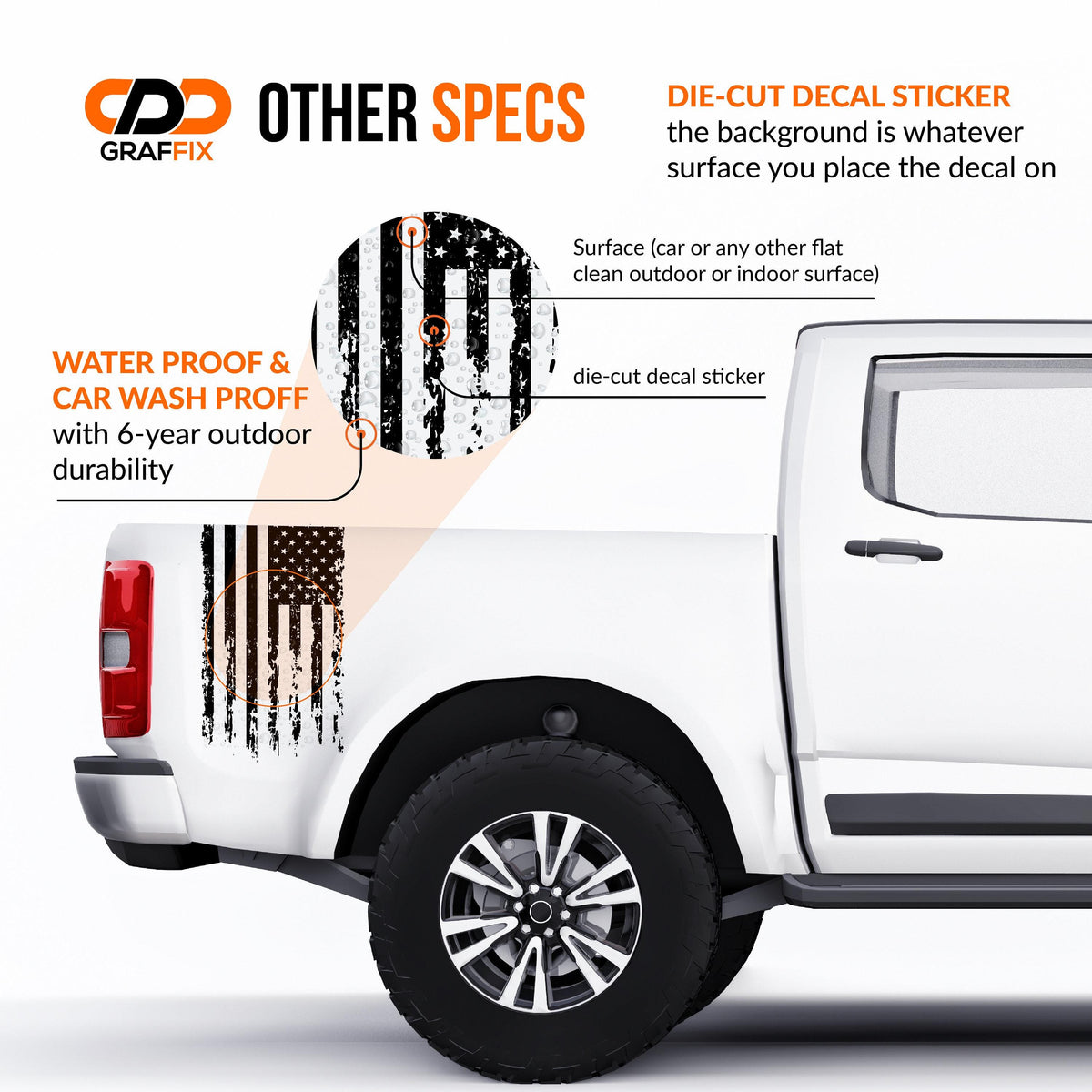 The image is a promotional graphic for Grafffix, a company that provides custom decals and stickers for vehicles. The image features a white truck with a black and white striped decal on its side, highlighting the company's ability to create various designs and patterns on vehicles.