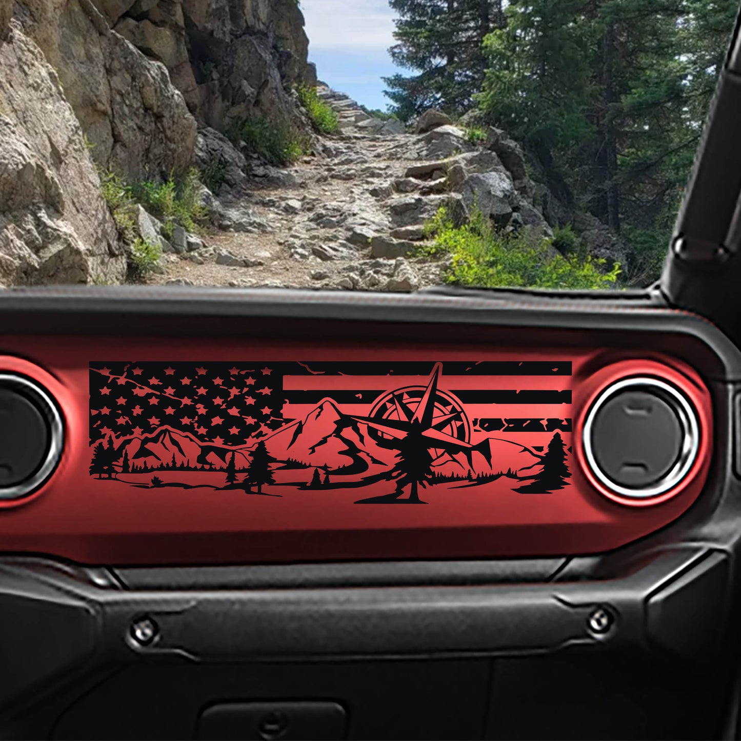 Mountain Compass With Tattered American Flag Dashboard Vinyl Decal - Fits 2018+ Jeep Wrangler JL/Jeep Gladiator JT