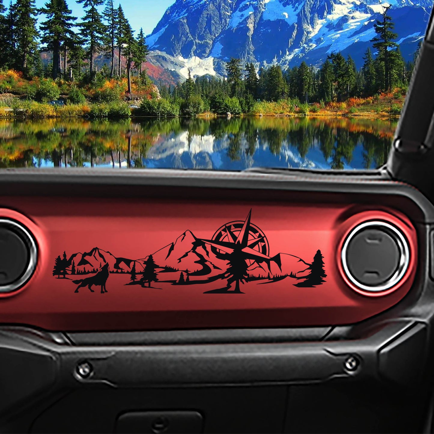Wolf Mountain with Compass Scene Dashboard Vinyl Decal - Fits 2018+ Jeep Wrangler JL/Jeep Gladiator JT