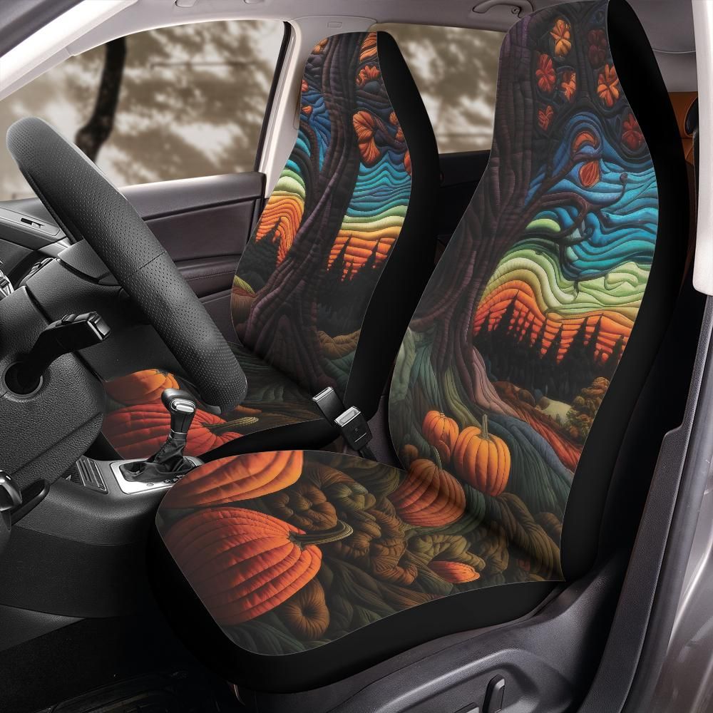 Quilted Pumpkin Patch Halloween Seat Covers Sunset Forest Fall Car Accessories Universal Fit for Jeep and Bronco