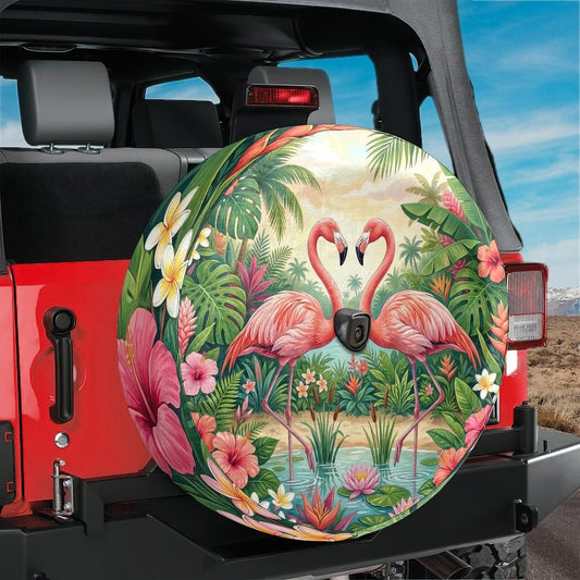 Tropical Flamingo Floral Spare Tire Cover With Backup Camera Hole