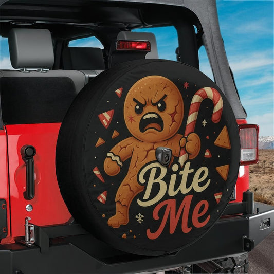 Christmas Bite Me Angry Gingerbread Man Spare Tire Cover With Backup Camera Hole