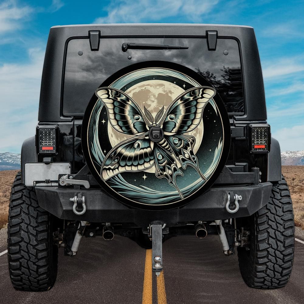 Boho Full Moon Lunar Moth Spare Tire Cover With Backup Camera Hole