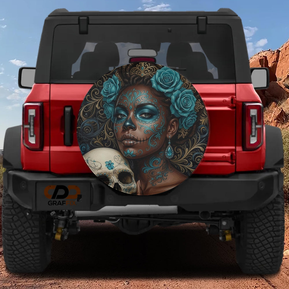 La Reina Dorada Ebony Day of the Dead Queen Spare Tire Cover With Backup Camera Hole Option