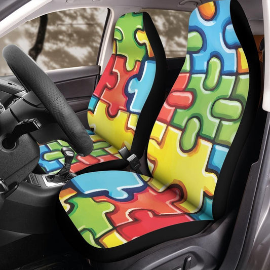 Colorful Puzzle Piece Seat Covers, Bright Jigsaw Pattern Front Seat Protectors for Jeep Bronco, Awareness Car Interior, Universal Fit