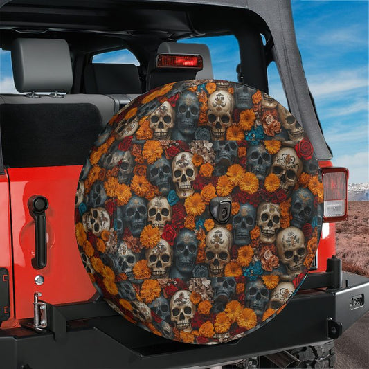 Flowers & Skulls Spare Tire Cover With Backup Camera Hole Option