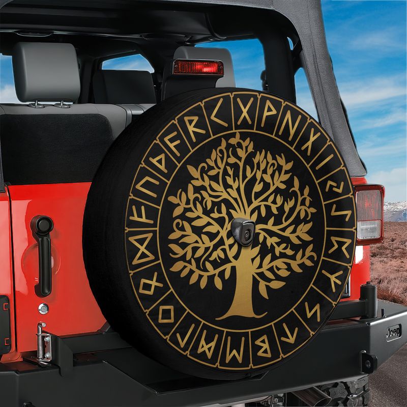 Golden Runes of Yggdrasil Spare Tire Cover With Backup Camera Hole Option