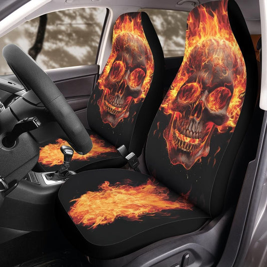 Flaming Skull Car Seat Covers Halloween Scary Fire Skull Interior Decor Universal Fit for Jeep Bronco SUV Truck Flames Horror Theme