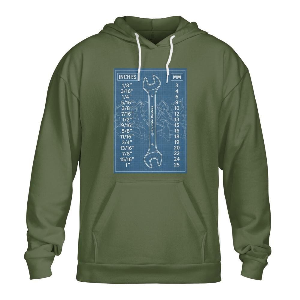 Inches to Metric Conversion Unisex Hoodie | Blueprint Knucklebusters Wrench Design