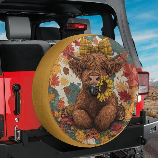 Autumn Highland Cow Spare Tire Cover With Backup Camera Hole Option for Jeep Bronco RV Trucks Fall Farm Animal Floral Pumpkin Design