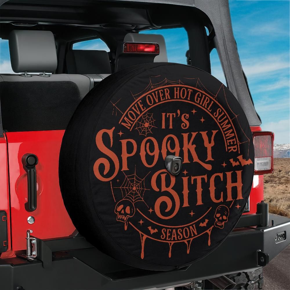 Move Over Hot Girl Summer It’s Spooky Bitch Season Tire Cover with Backup Camera Hole, Funny Halloween Jeep Bronco Spare Cover Gift
