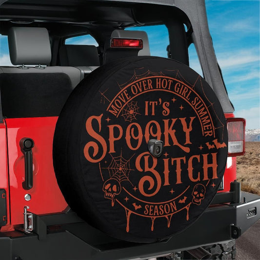 Move Over Hot Girl Summer It’s Spooky Bitch Season Tire Cover with Backup Camera Hole, Funny Halloween Jeep Bronco Spare Cover Gift
