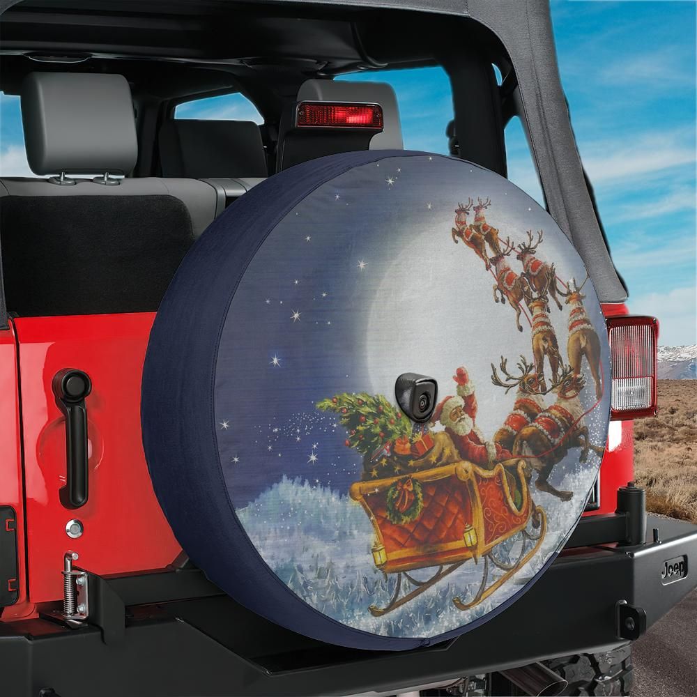 Santa’s Sleigh Ride Christmas Night Spare Tire Cover With Backup Camera Hole Option