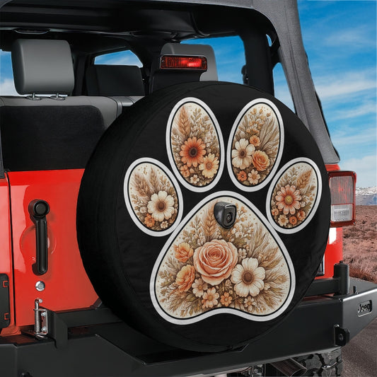 Boho Flower Paw Print Spare Tire Cover With Backup Camera Hole