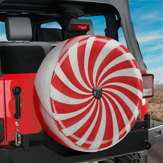 Red and White Round Peppermint Candy Spare Tire Cover With Backup Camera Hole
