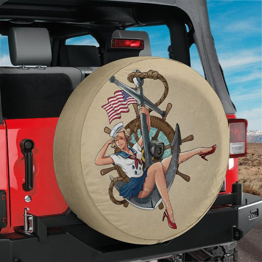 US Navy Pin-Up Girl Anchor Spare Tire Cover with Backup Camera Hole Option for Jeep RV SUV Wrangler Bronco Full Color Print