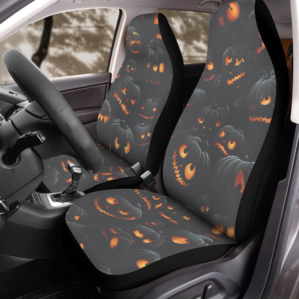 Halloween Pumpkin Patch Car Seat Covers Black Jack-O'-Lantern Spooky Face Seat Protector Universal Fit for Jeep Bronco Trucks SUV
