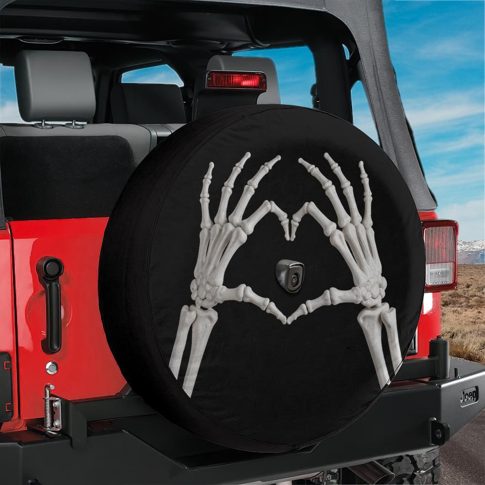 Skeleton Hands Forming Heart Spare Tire Cover With Backup Camera Hole Option