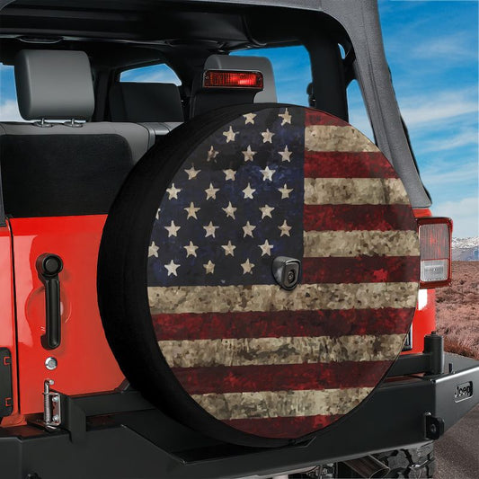 Black Bordered Rustic American Flag Spare Tire Cover With Backup Camera Hole Option