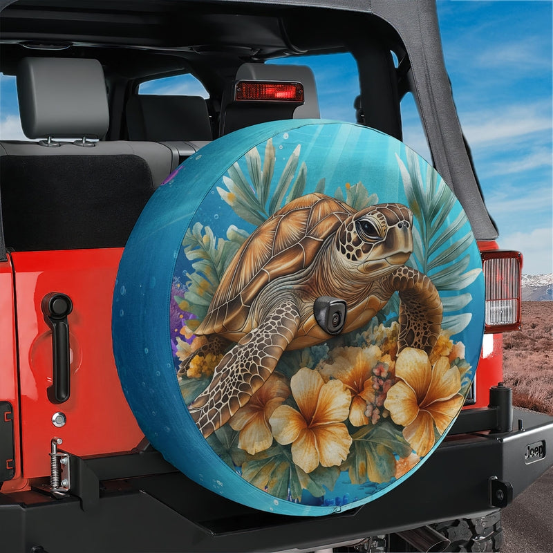 Turtle and Hibiscus Tire Cover Backup Camera tire cover, Turtle Car accessories Women, Sea Turtle Car Decor